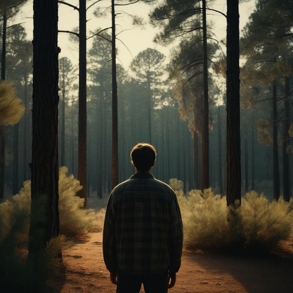 Nostalgic Film Still: Person Hidden in Southern Pines