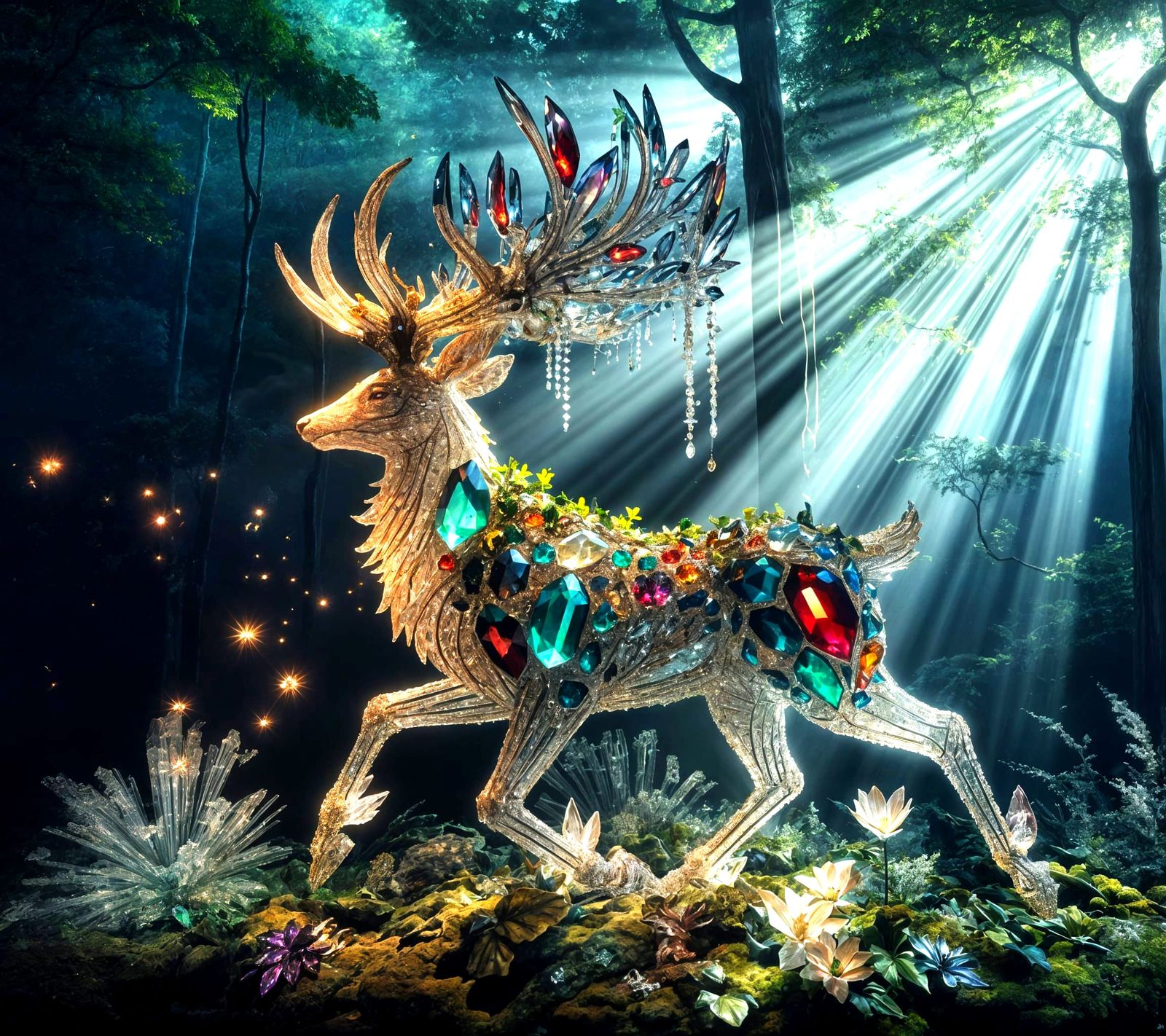 Crystal Stag in Enchanted Forest with Chiaroscuro Light