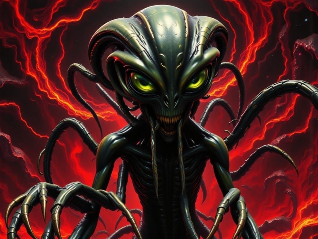 Hyper Realistic Alien with Scaley Skin and Fractal Backgroun...