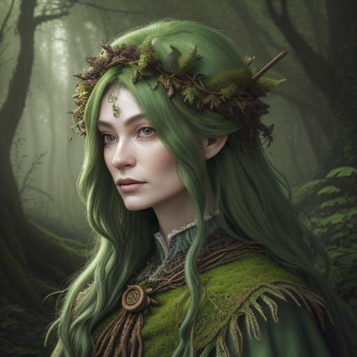 Whimsical Green Lady Druid in Forest Setting