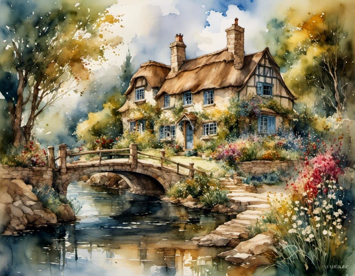 Watercolor Country Cottage on Riverbank Painting