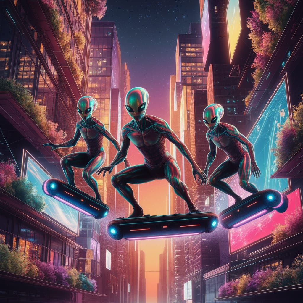 Aliens on Hoverboards in Vibrant, Futuristic Cityscape