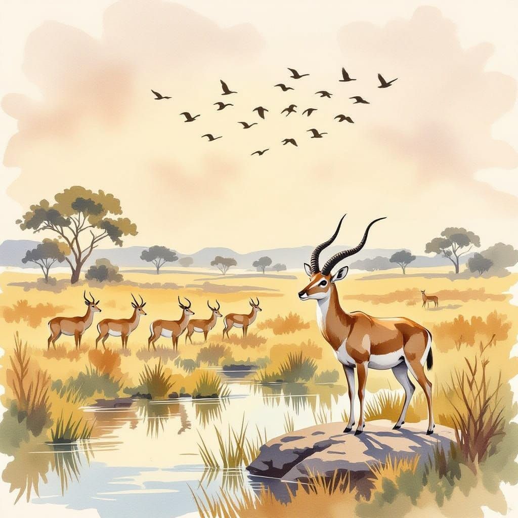 Antelopes Grazing in Savanna Watercolor Painting