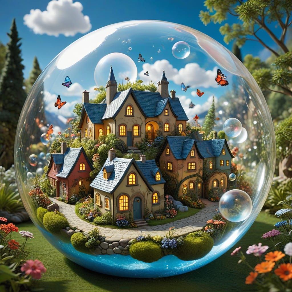 Whimsical Bubble Village in the Sky as Fairy Tale Illustrati...