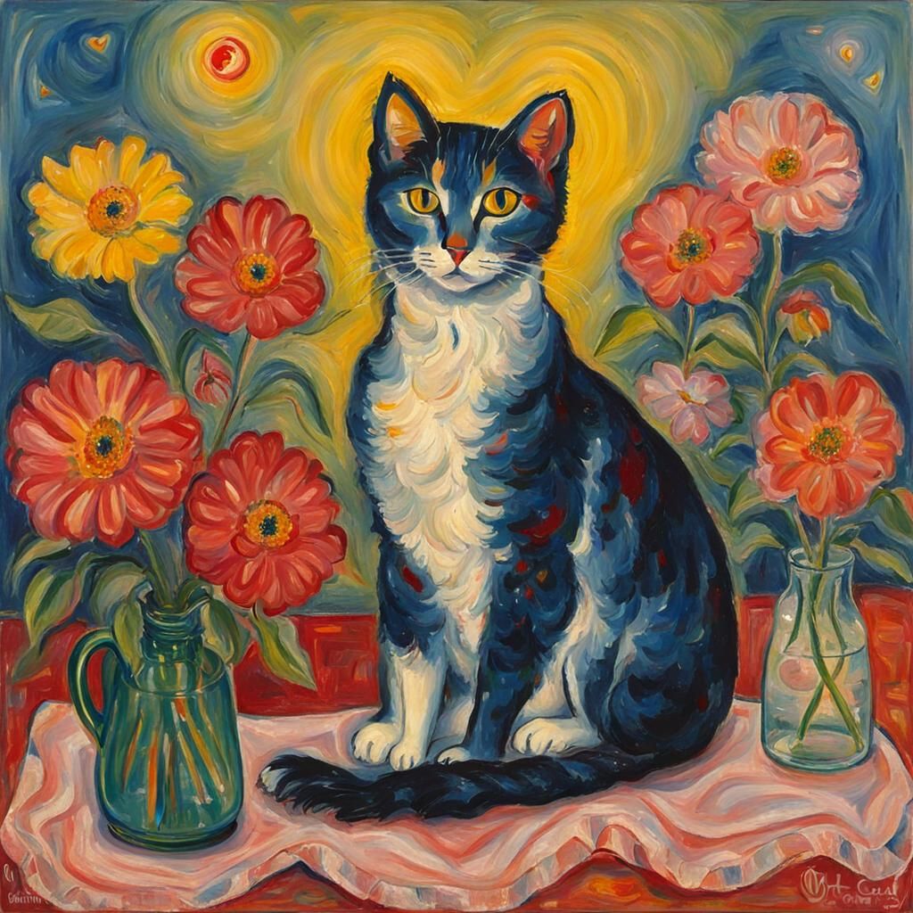 Cute Cat Surrounded by Flowers in Abstract Style