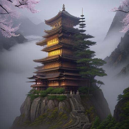 Serene Monk on Misty Mountain Path in Watercolor Style