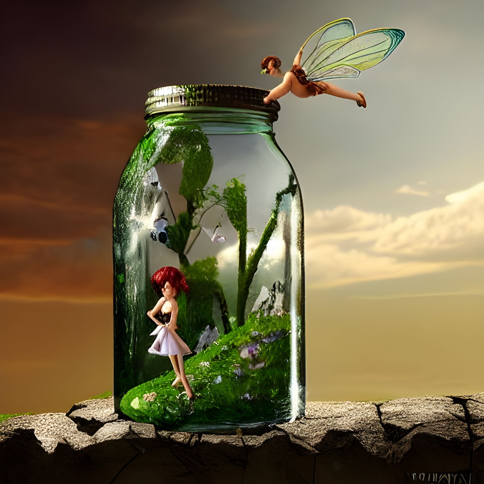 Hyperrealistic Fairy Captured in Glass Bottle