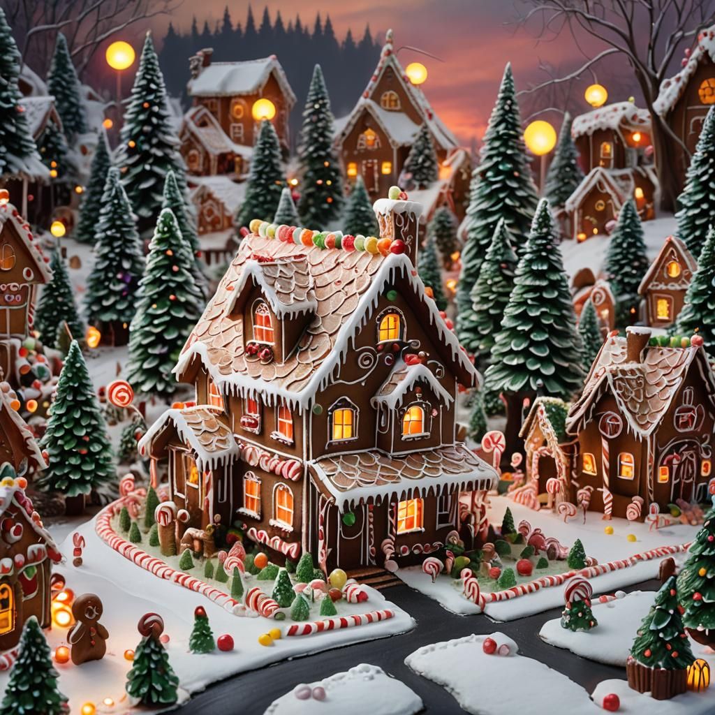 Gingerbread House Sunset with Candy Cane Forest
