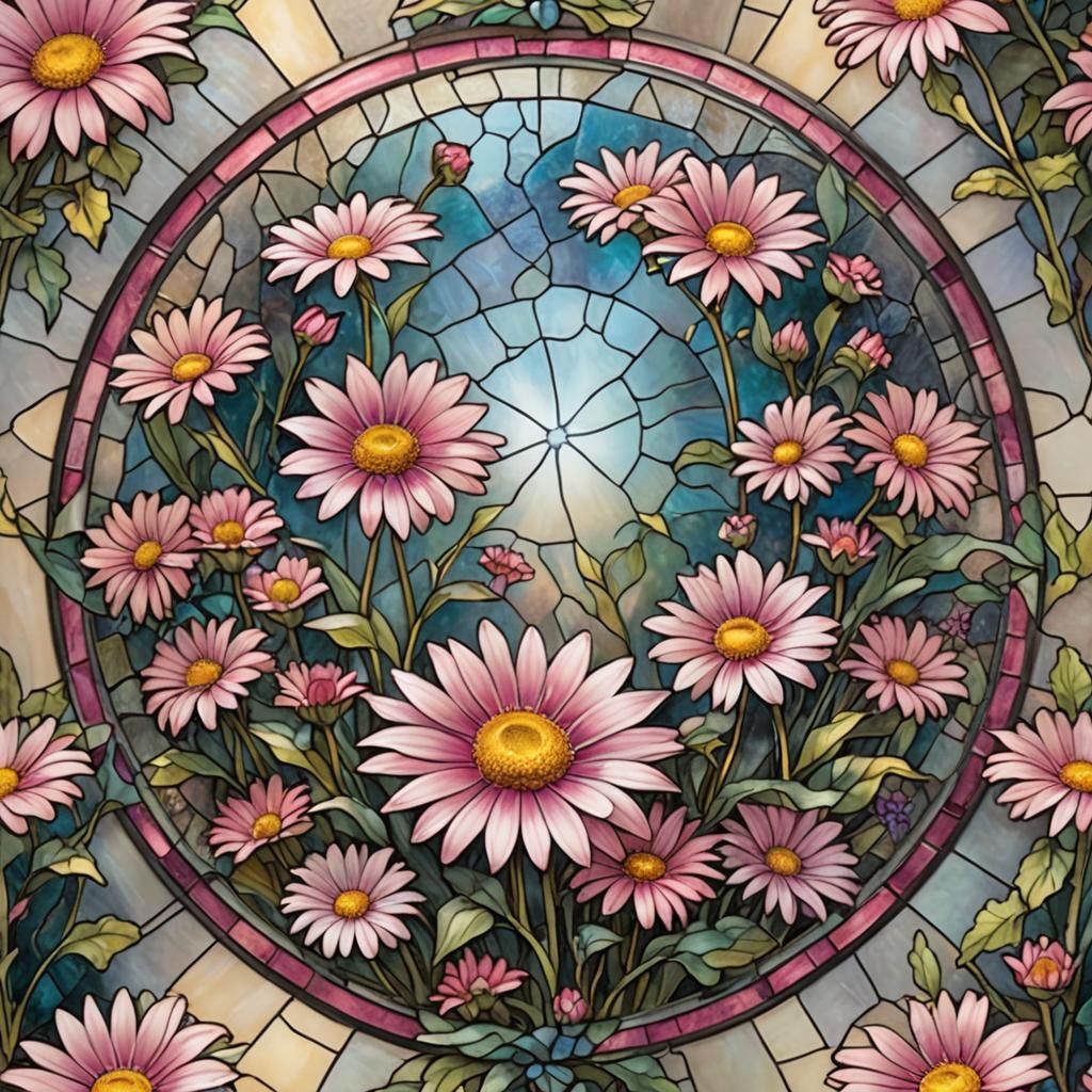 Pink Daisy in Stained Glass Fantasy Round