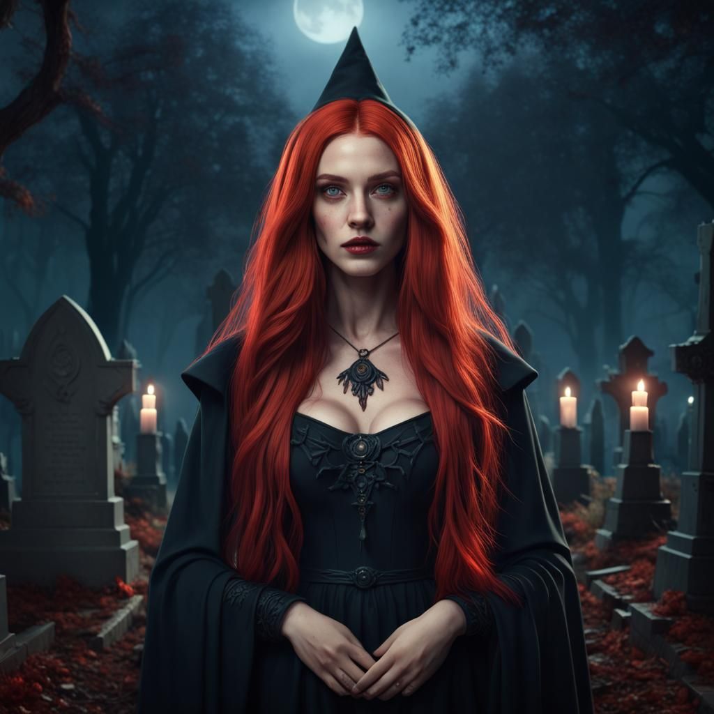 Red-Haired Witch in Graveyard, Digital Matte Painting