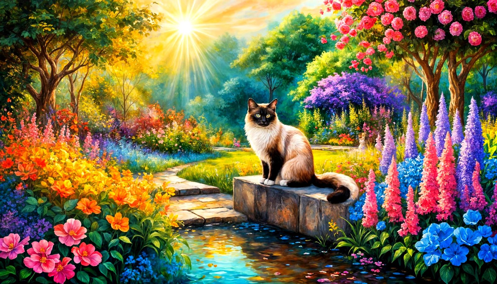 Elegant Siamese Cat in Vibrant Garden Oil Painting