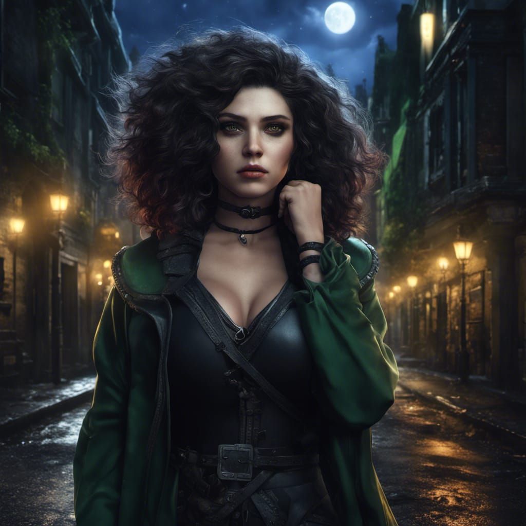 Gothic Werewolf Hunter in Dark City, Detailed Matte Painting