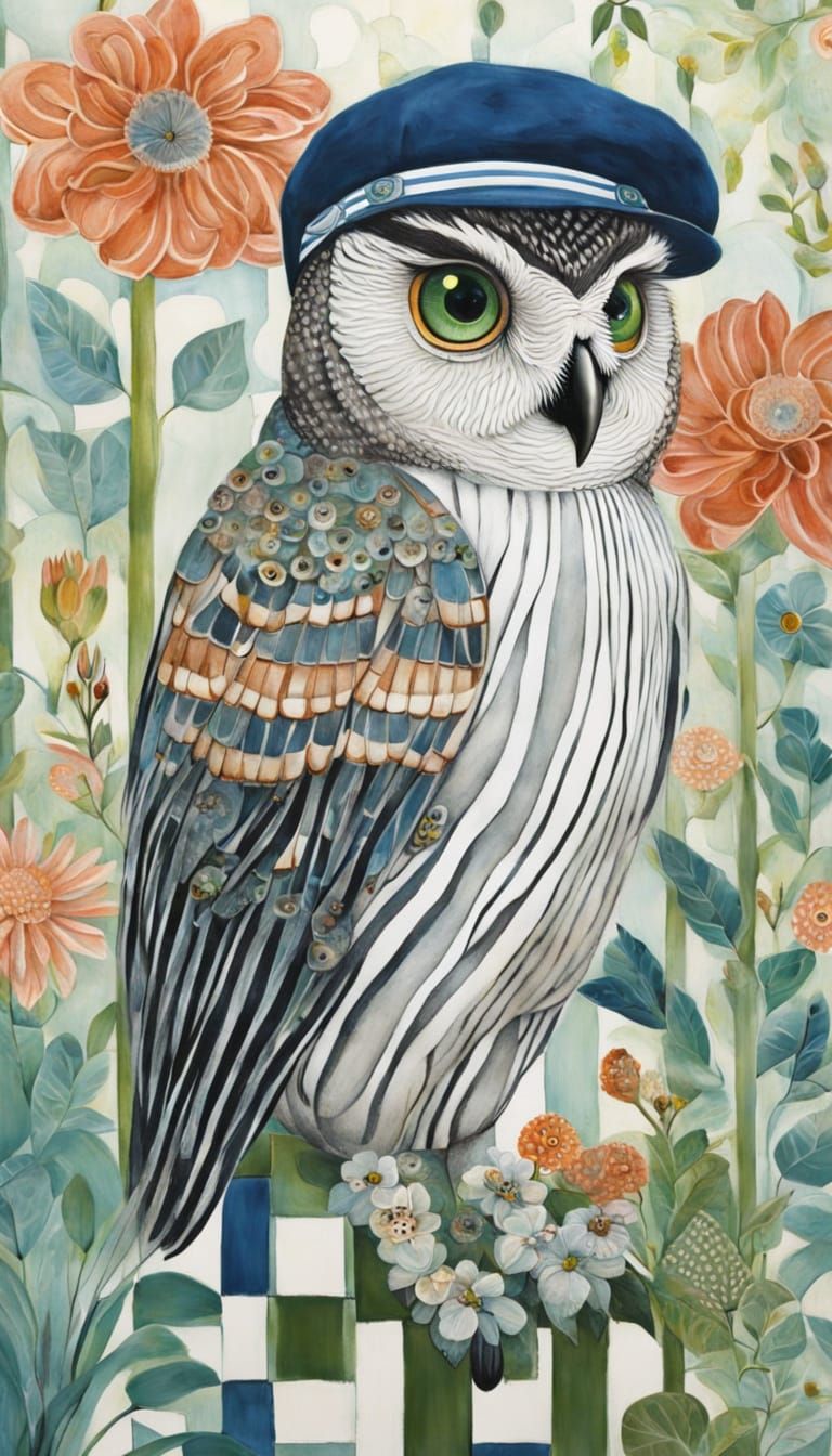 Owl in Baseball Cap on Patio, Detailed Digital Art