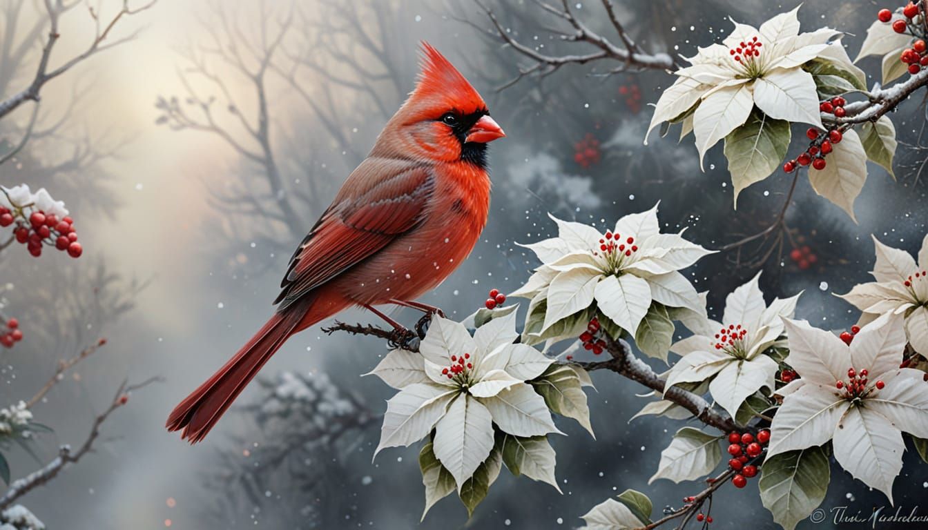 Hyper-Realistic Red Cardinal on Branch in Watercolor and Ink