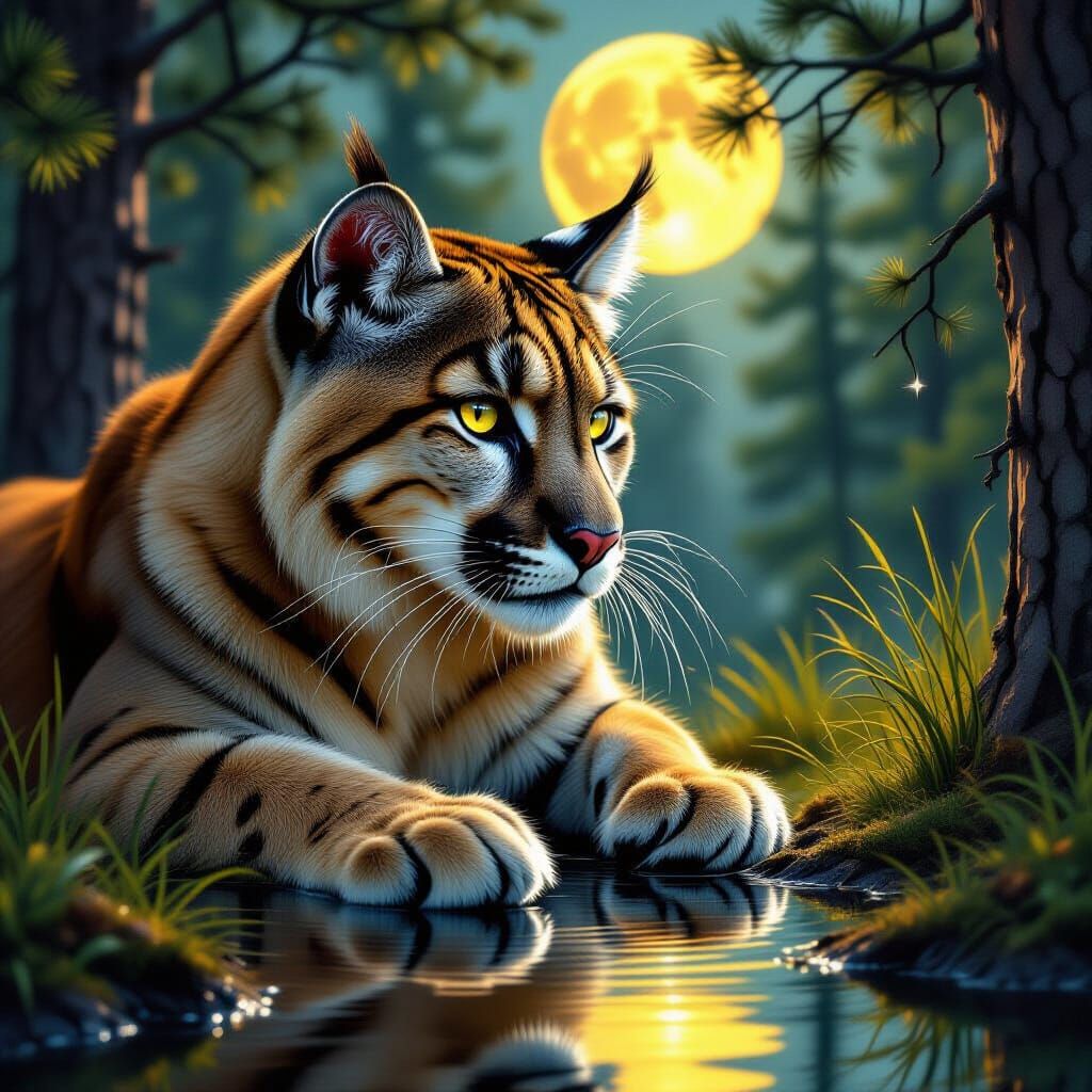 Tawny Cougar Drinks From Mirrored Reflection in Dark Fantasy...