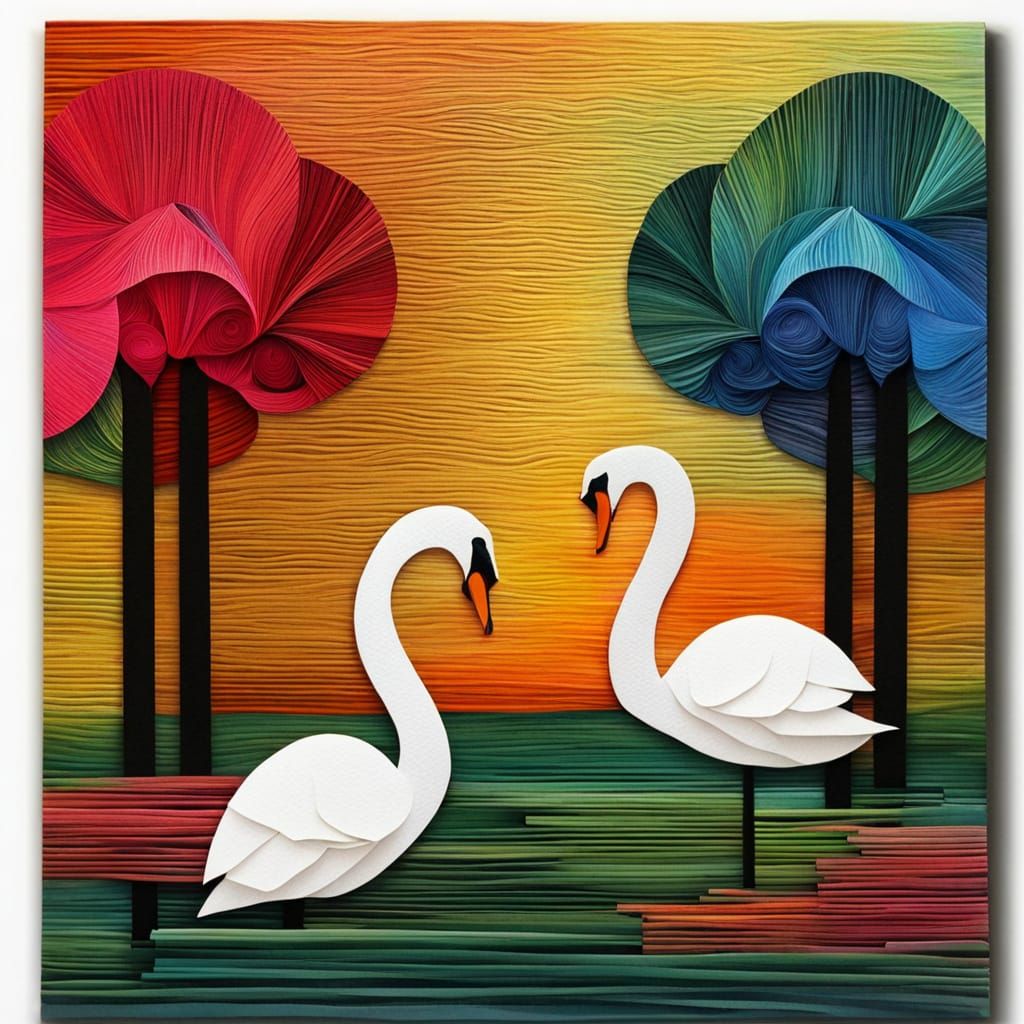 Elegant Swans in Sunset Forest, Fine Art Weaving
