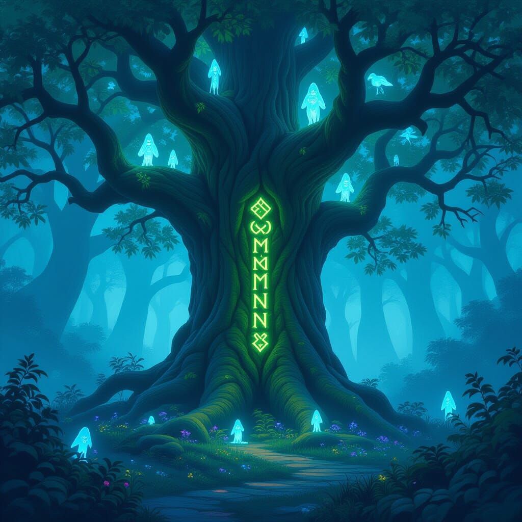 Ancient Enchanted Tree With Glowing Runes in Misty Forest