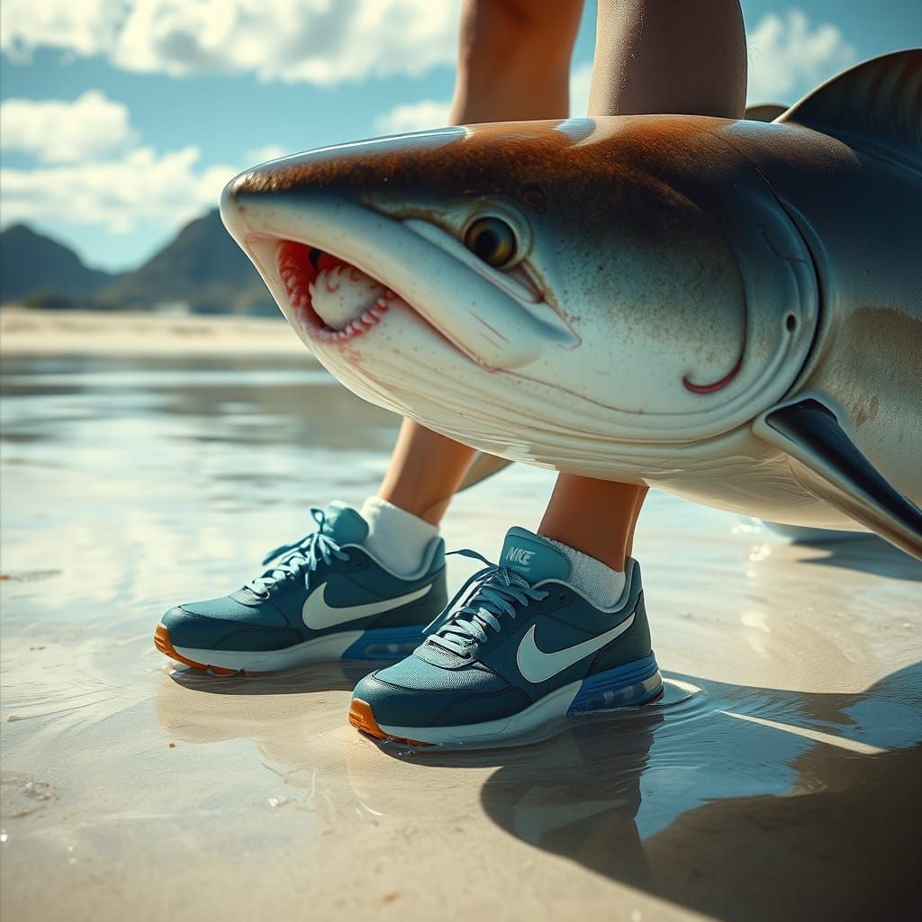Tiburón con Zapatillas Azules en la Playa, en un Estilo Hibr...