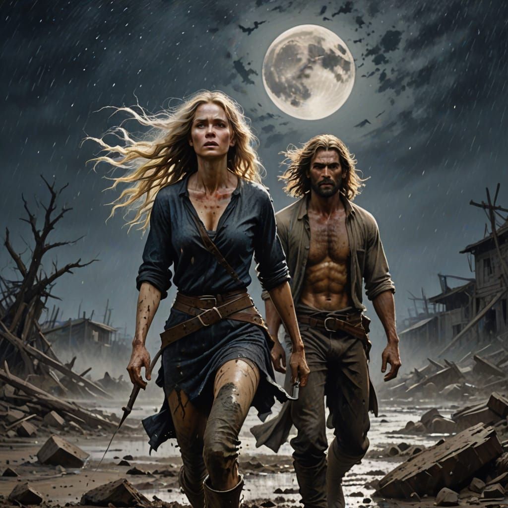 Gritty Fantasy Couple Under Indigo Moonlight