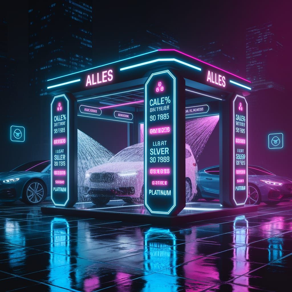 Cyberpunk ALLES Car Wash in Electric Blue Nightscape