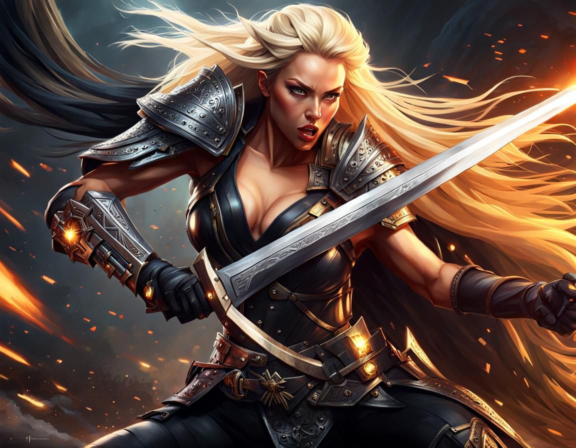 Fierce Woman with Black Hair Attacks Blonde Warrior