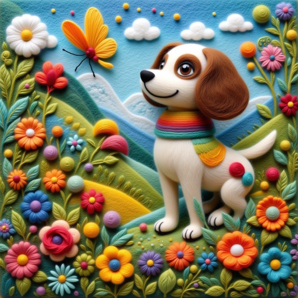 Playful Puppy Chasing Butterfly in Wool Felt Style