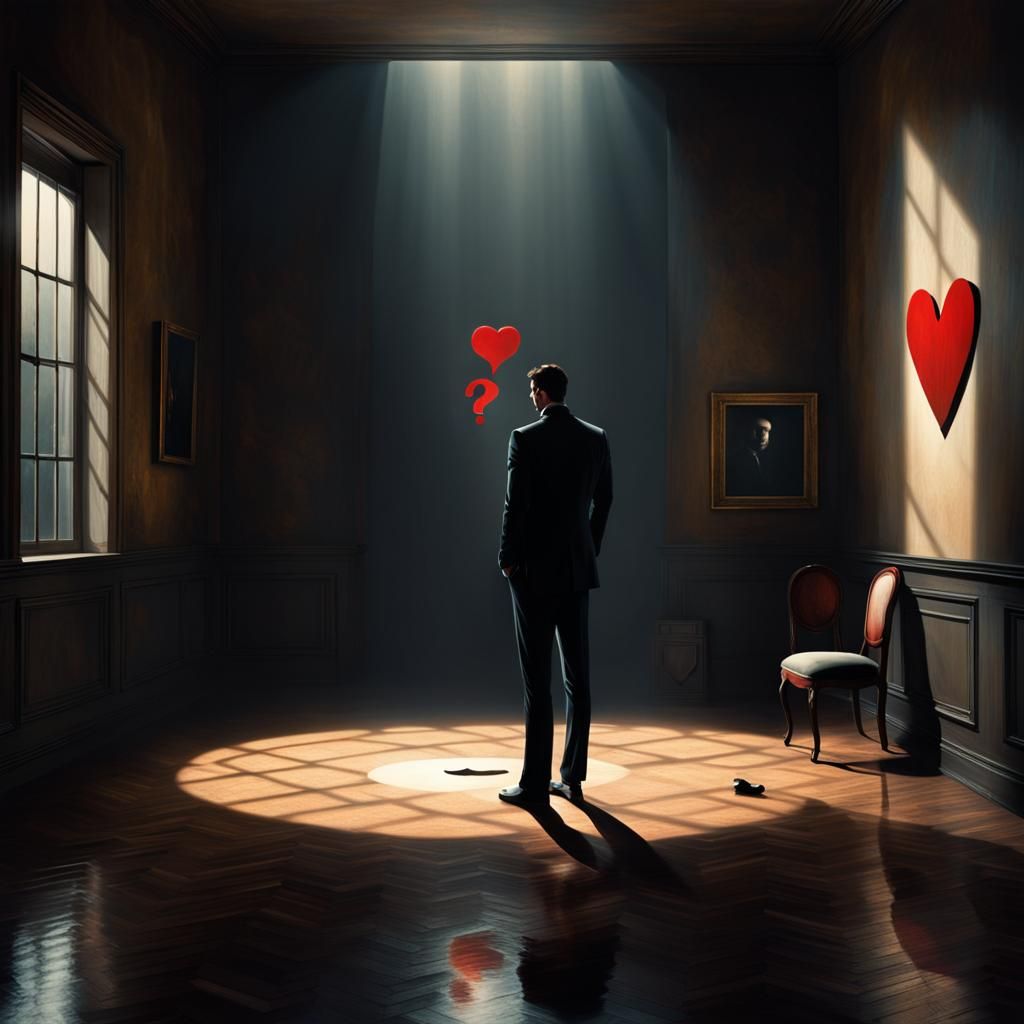 Melancholic Man in Dimly Lit Room with Symbols