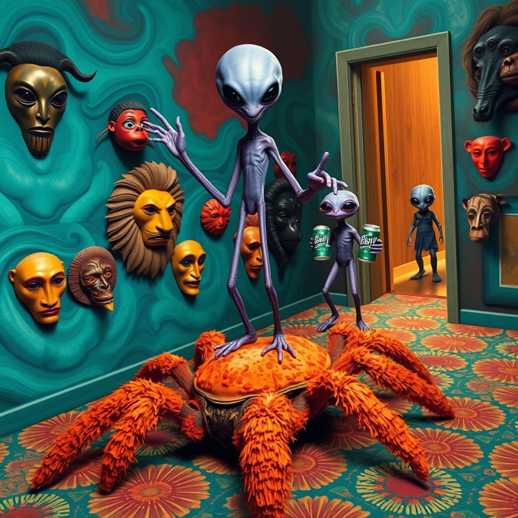 Alien Triumph Over Spider in Surreal Dreamscape