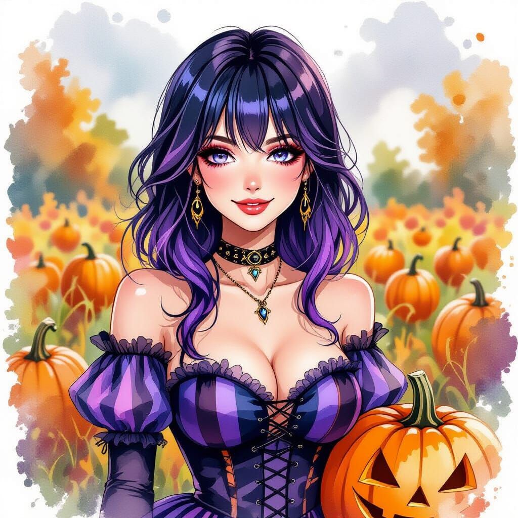 Gothic Woman Smiles in Pumpkin Patch Watercolor Art