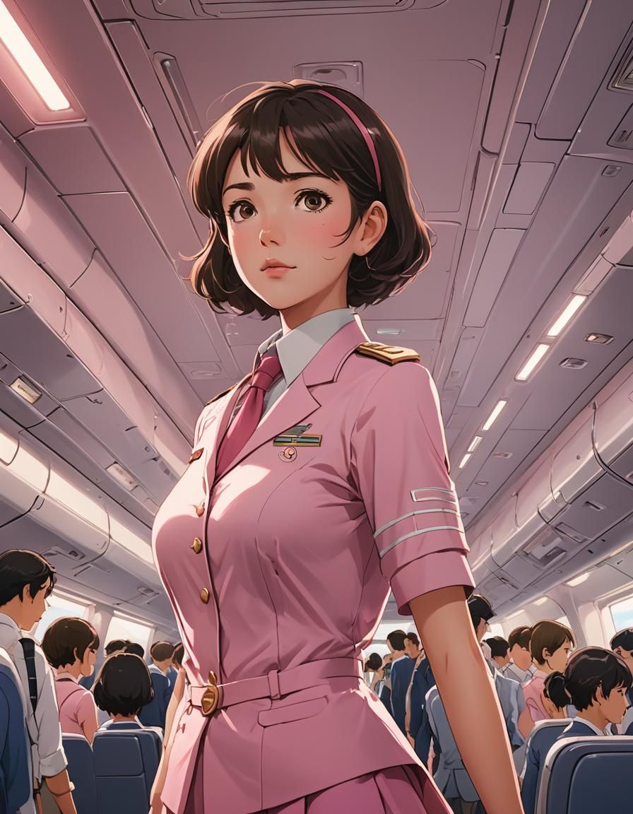 Anime Flight Attendant in Studio Ghibli Style