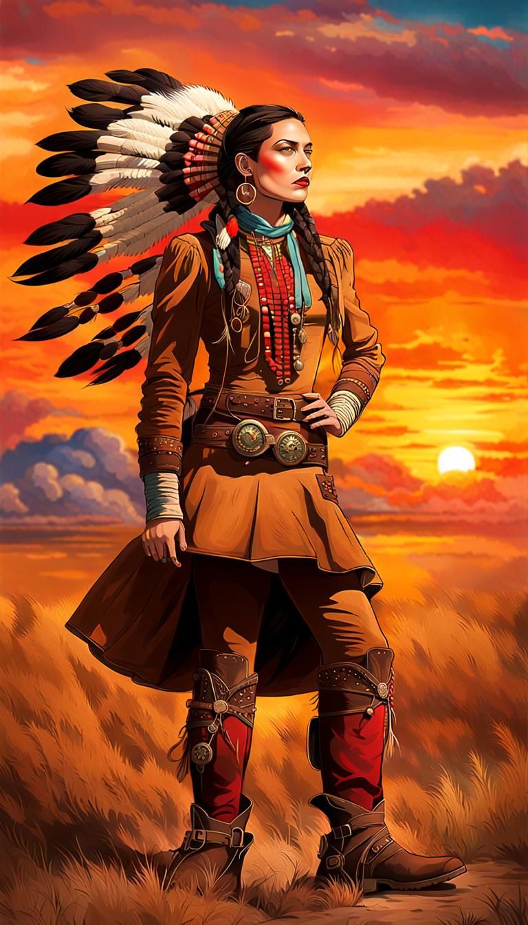Steampunk Native American Woman with Mechanical Buffalo
