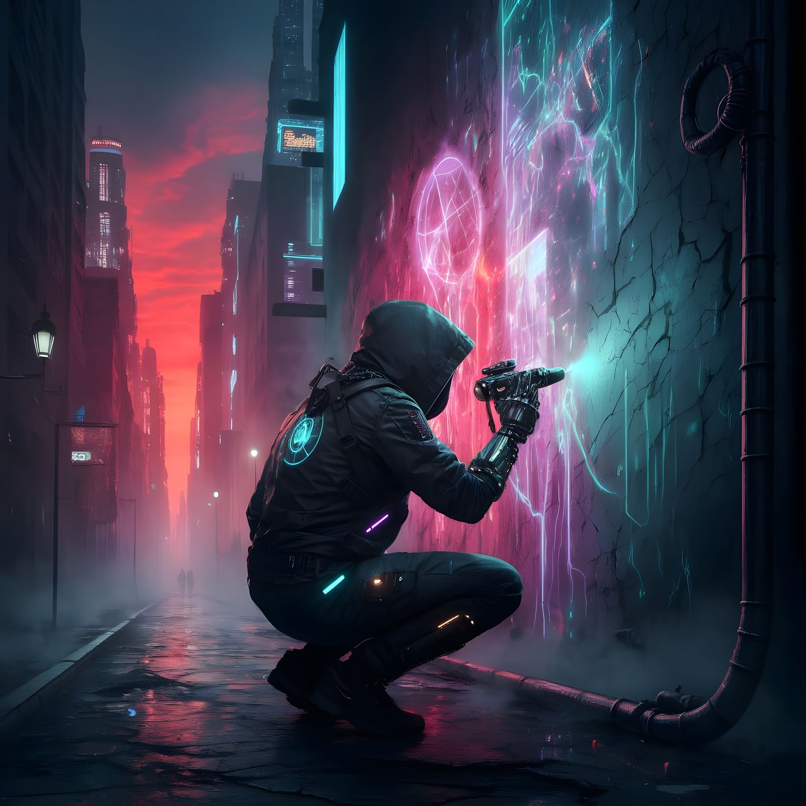 Cyberpunk Figure in Neon-Lit Alleyway