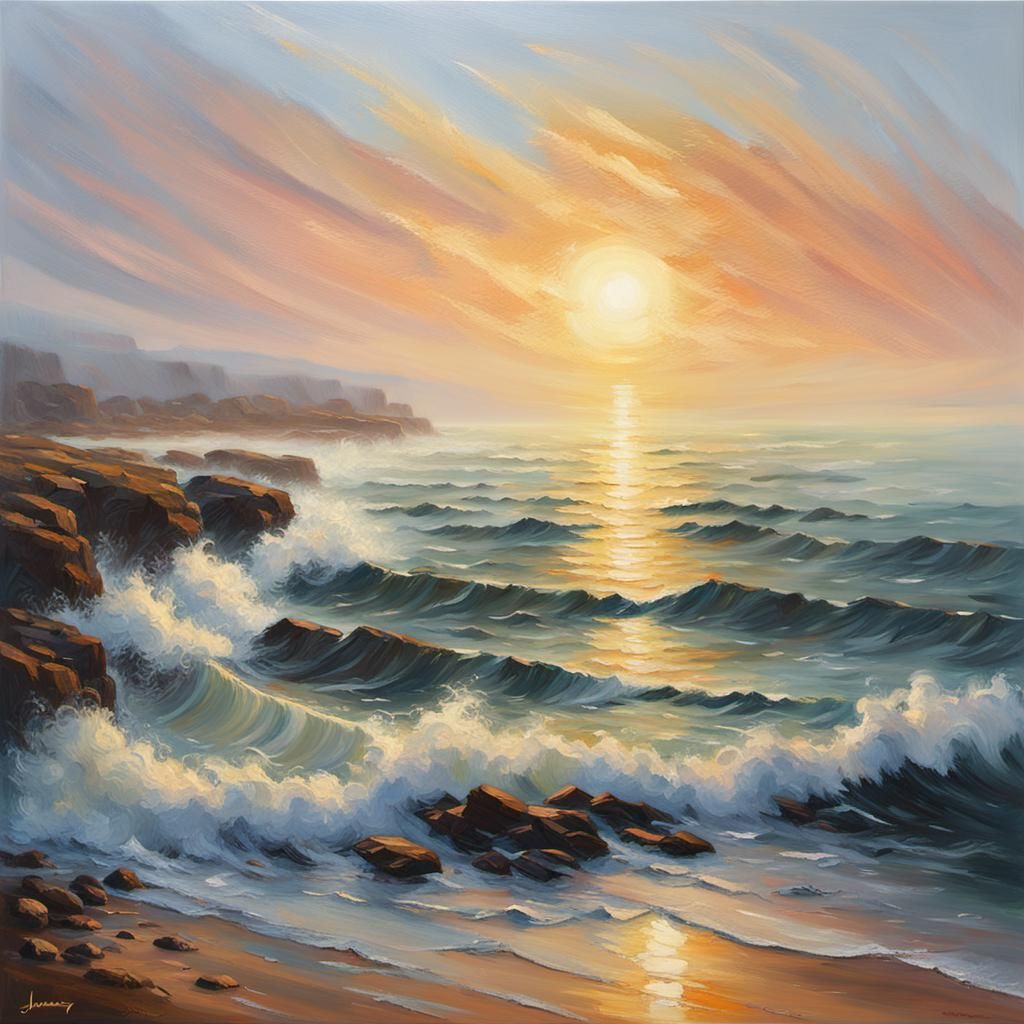 Golden Hour Sea Haze Lifts: Impressionist Oil Painting