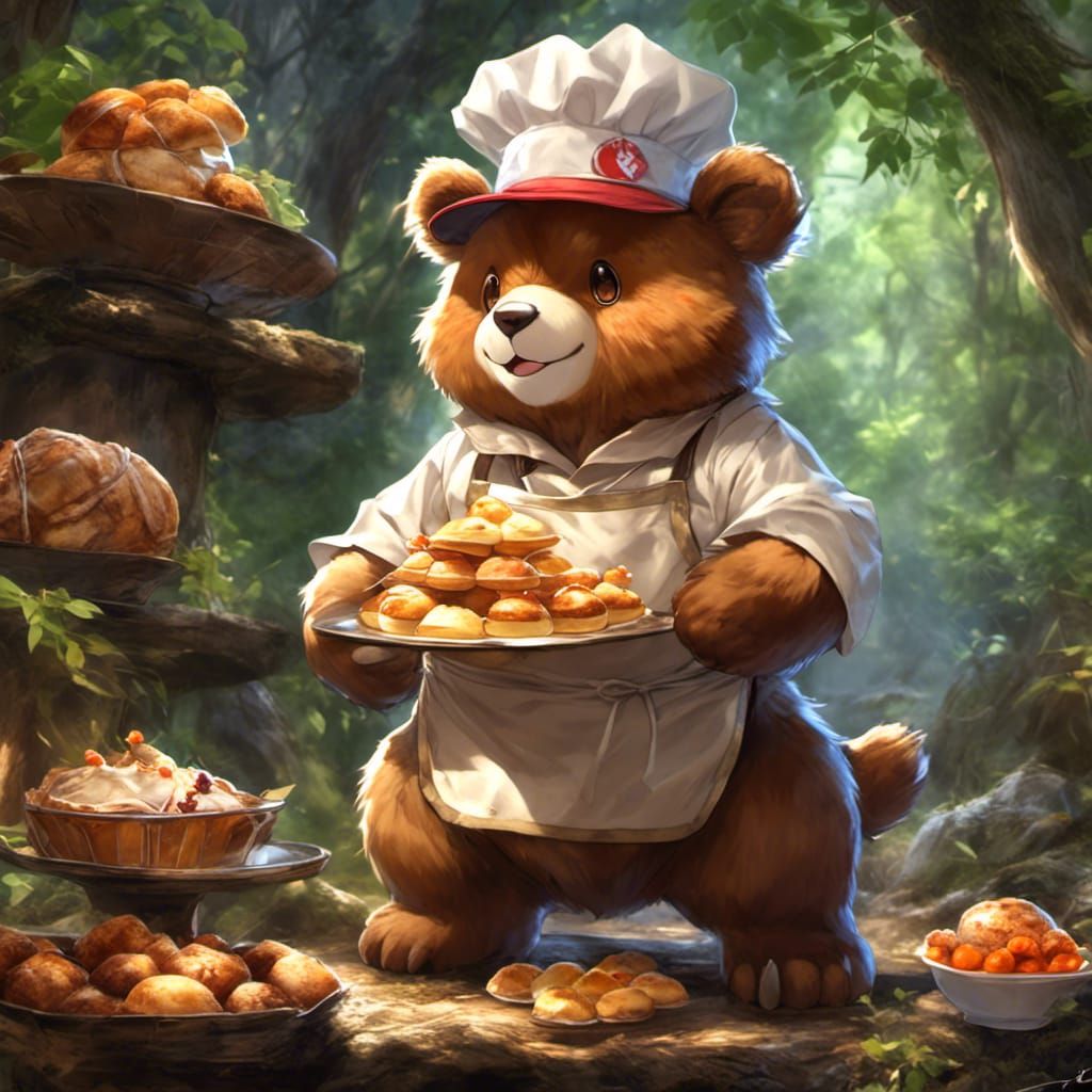 Bear Chef Baking Pastries in Forest Bakery