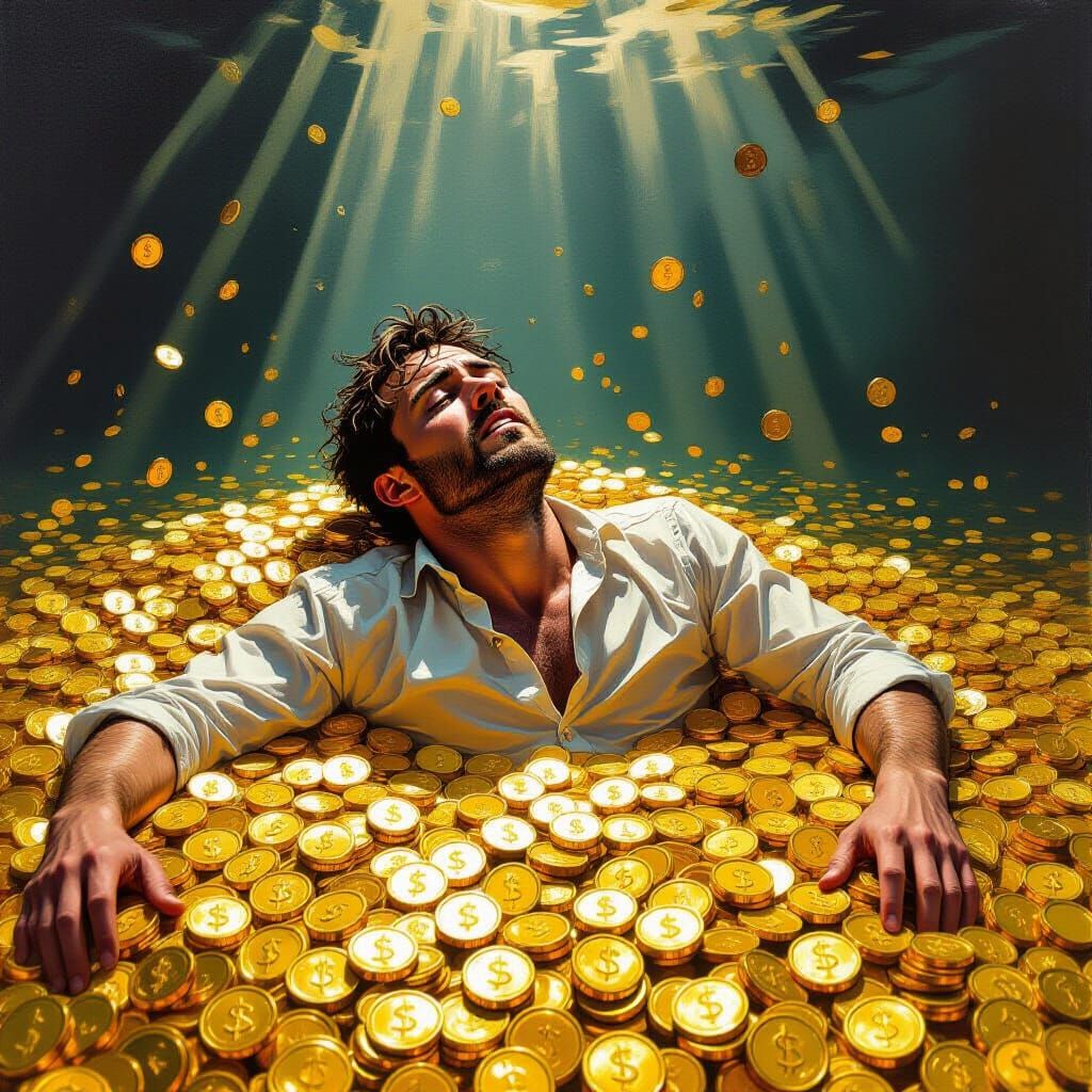 Man Drowning in Gold Coins in Surrealist Style