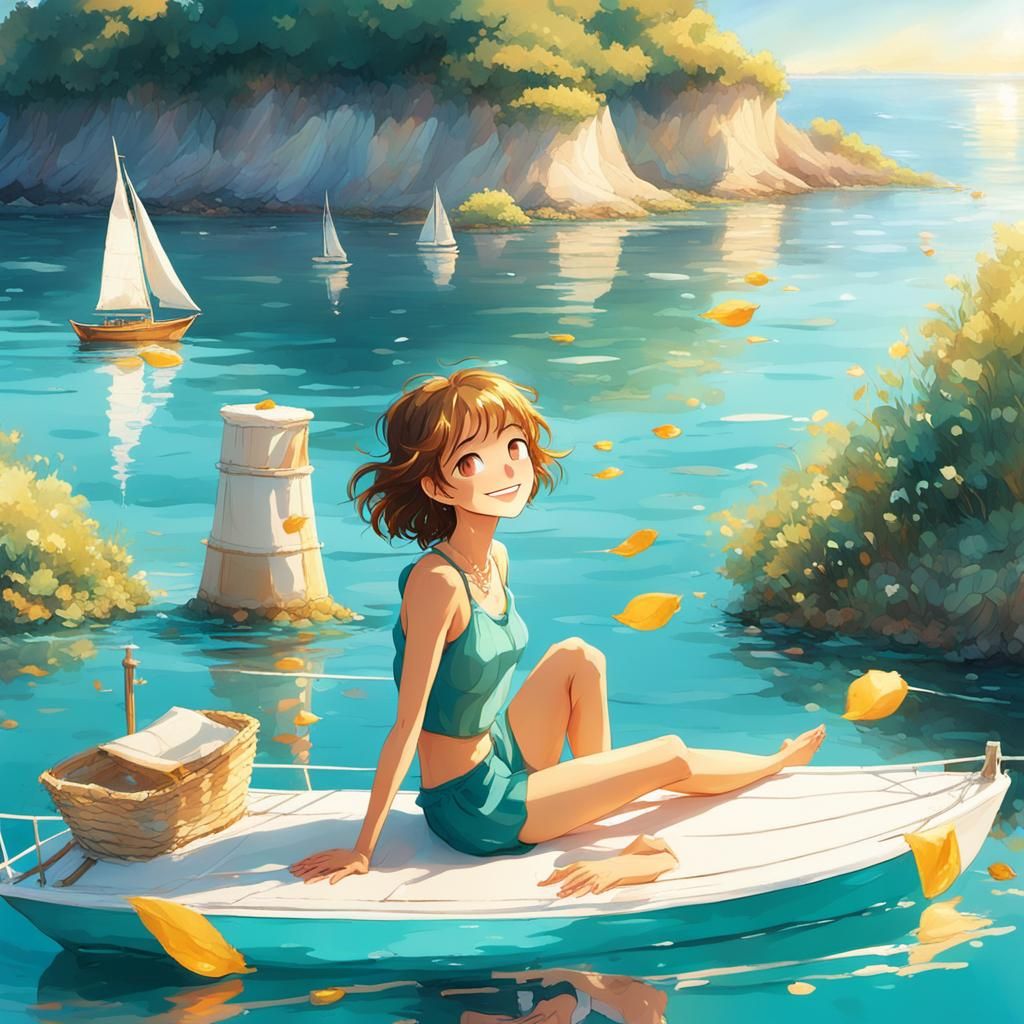 Anime Girl on Sailboat with Butterfly, Summer Day