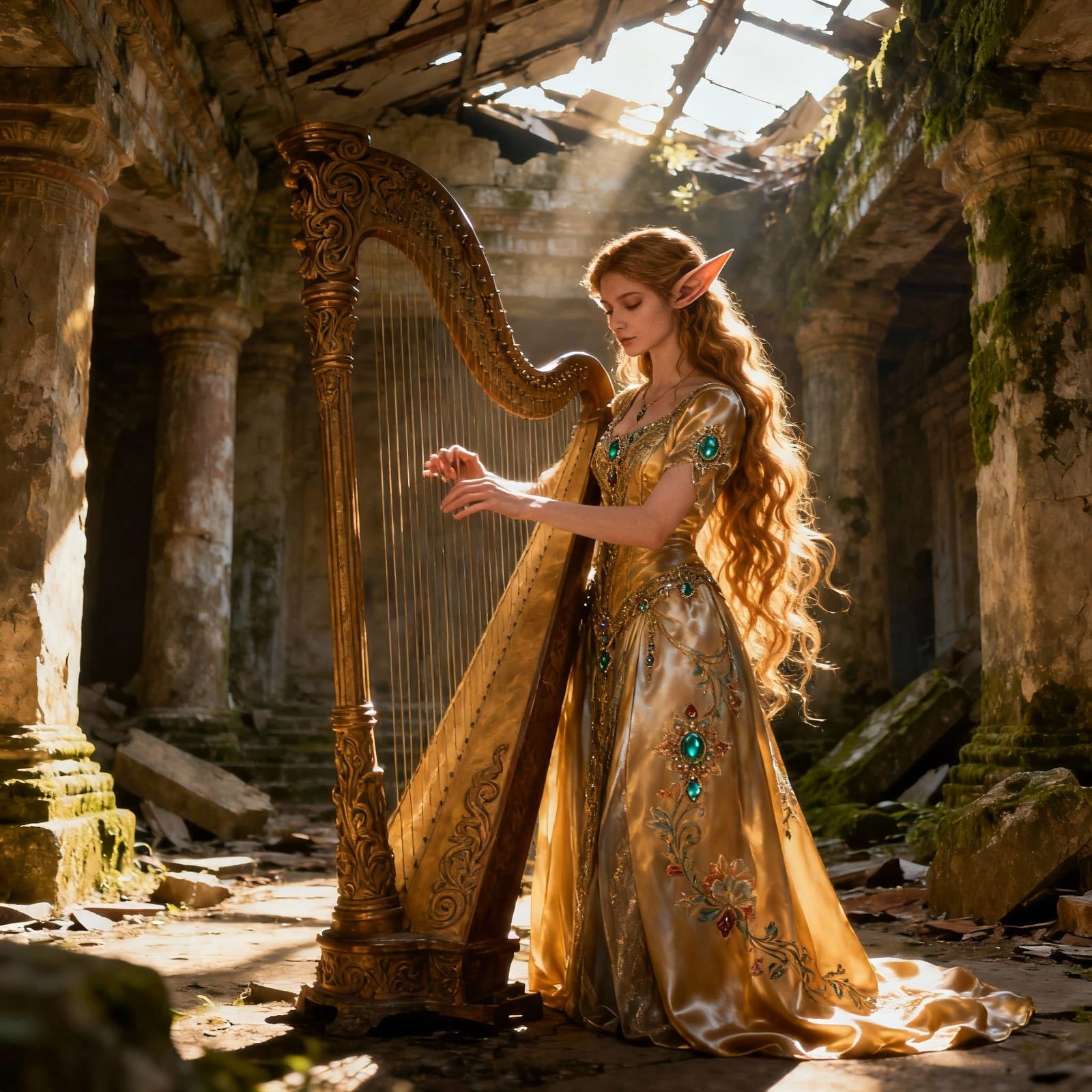 Hyperrealistic Elf Woman Plays Harp Amidst Temple Ruins