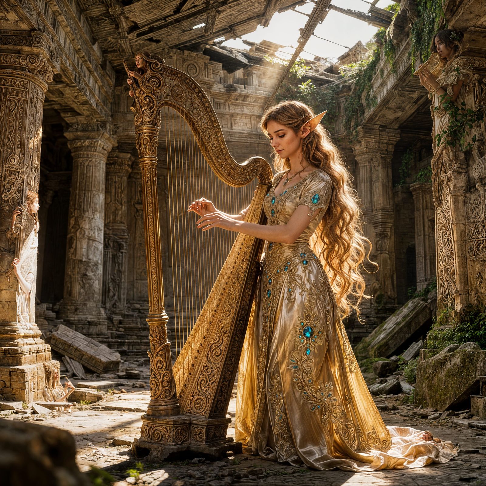 Beautiful Elf Woman Playing Harp in Temple Ruins