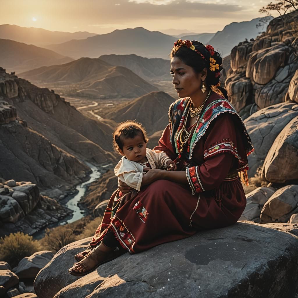 Mexican Woman and Baby at Sunset: Cinematic Portrait