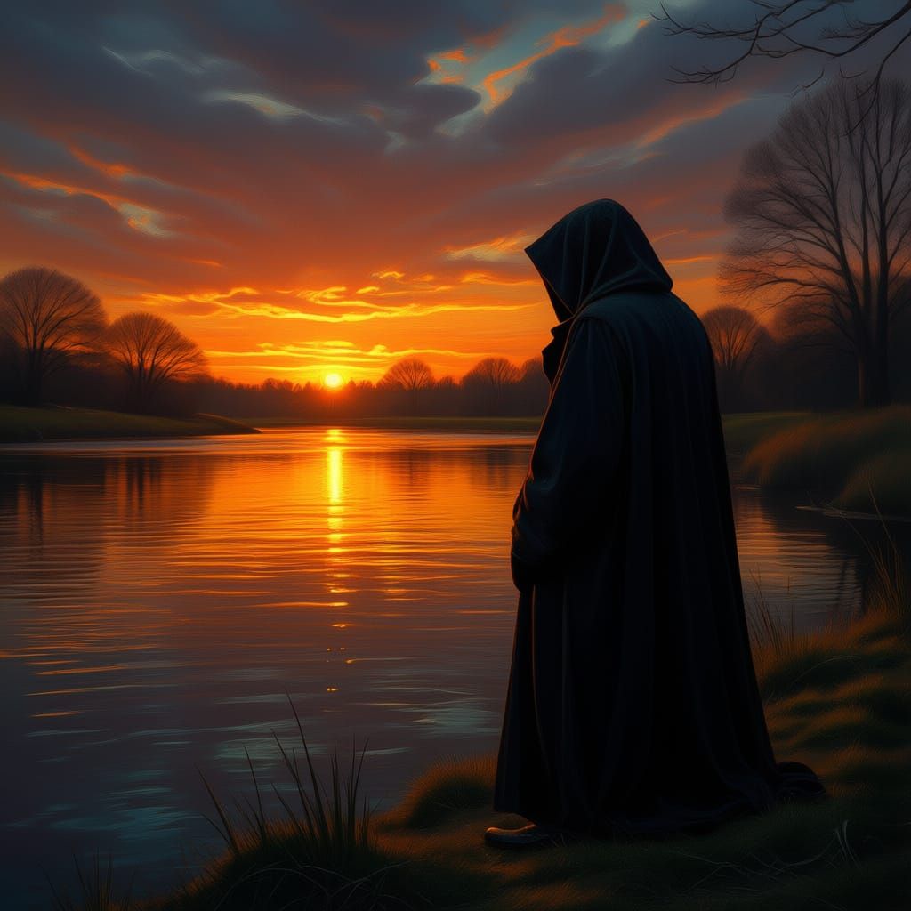 Hooded Figure at Twilight on Great River Ouse