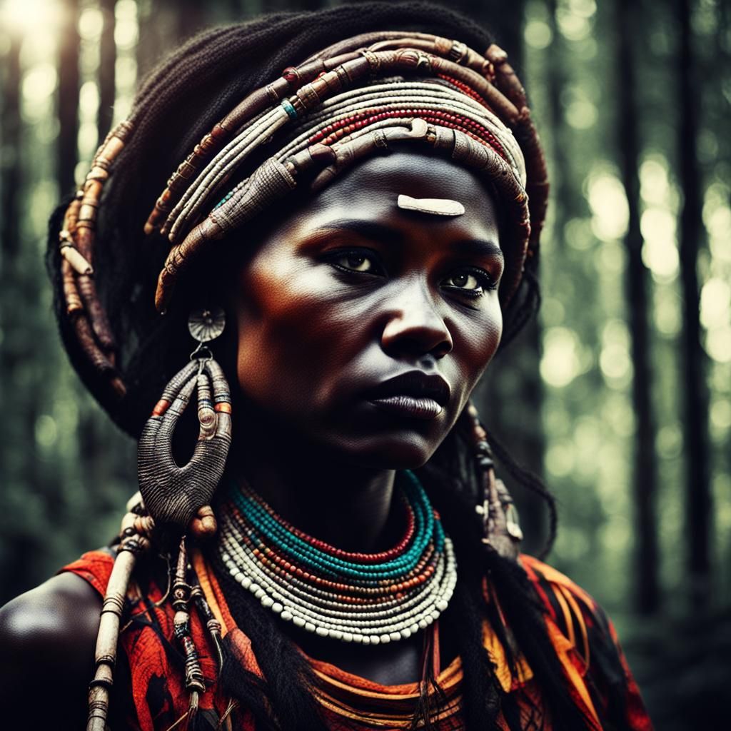 chiaroscuro style beautiful tribal women portait, forest, hi...