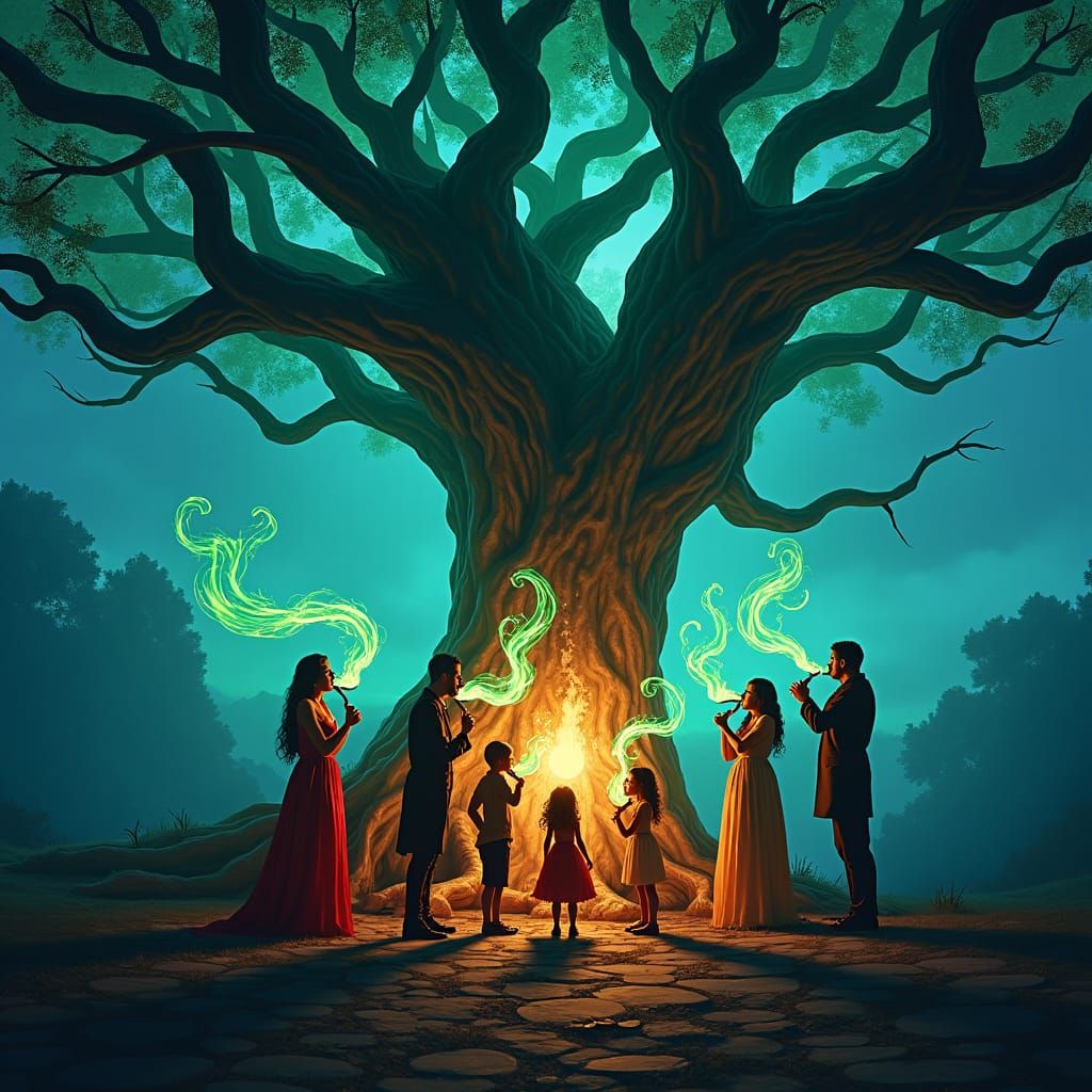 Mystical Family Smoking Glowing Cigars, Digital Matte Painti...
