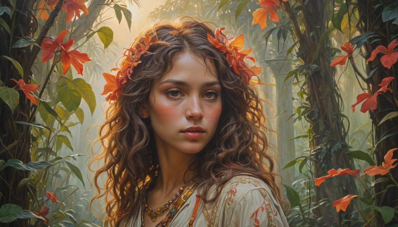 Mysterious Explorer in Jungle, Vibrant Oil Painting