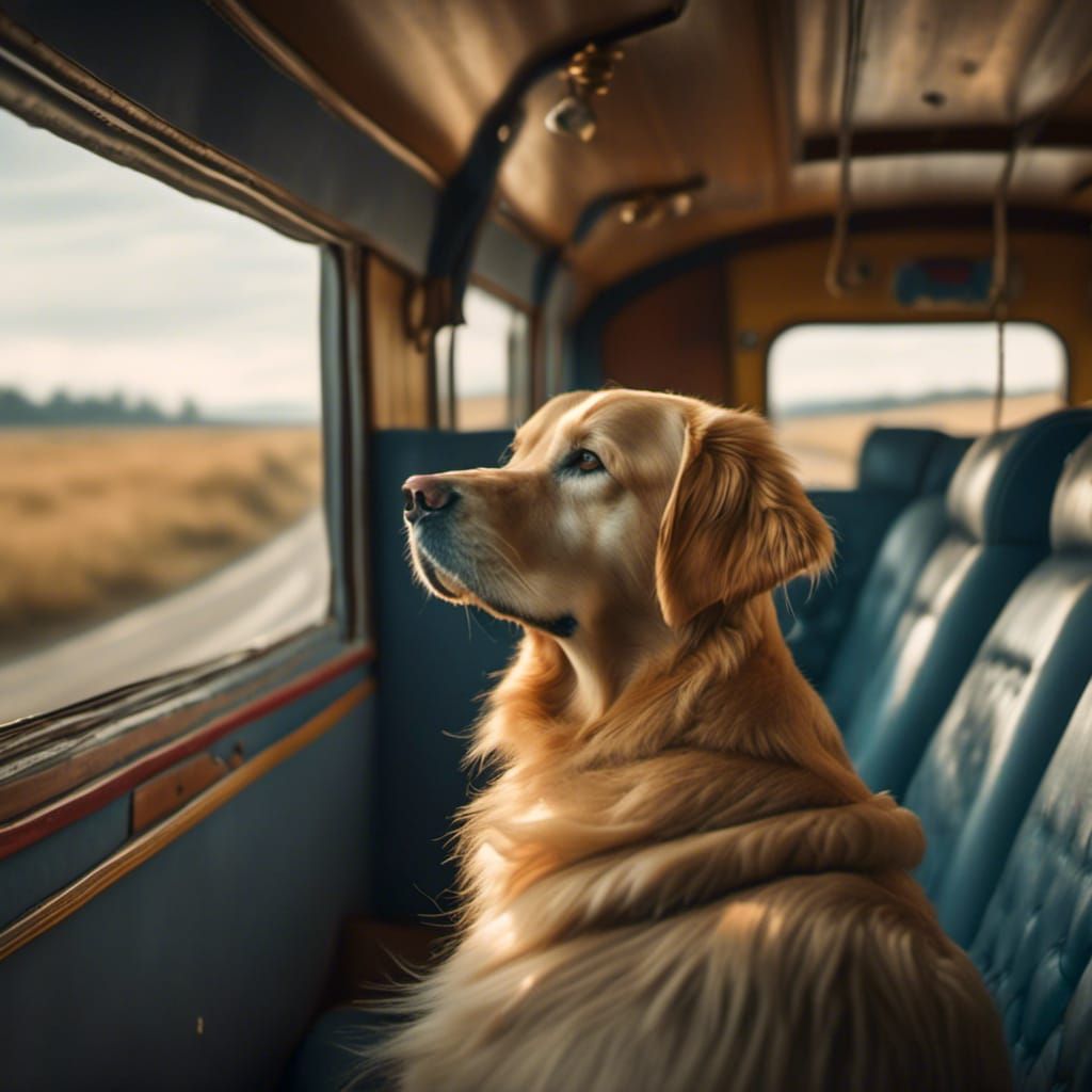 <lora:Beautify:1.0> A golden retriever sitting on a coach staring out the window down a long empty road, HD, High detail