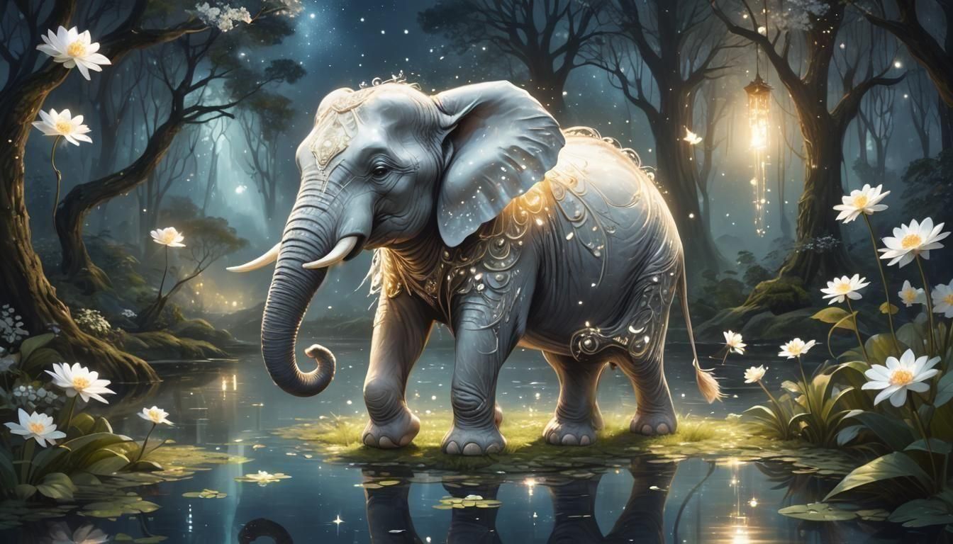 Glowing White Elephant in Fantasy Forest