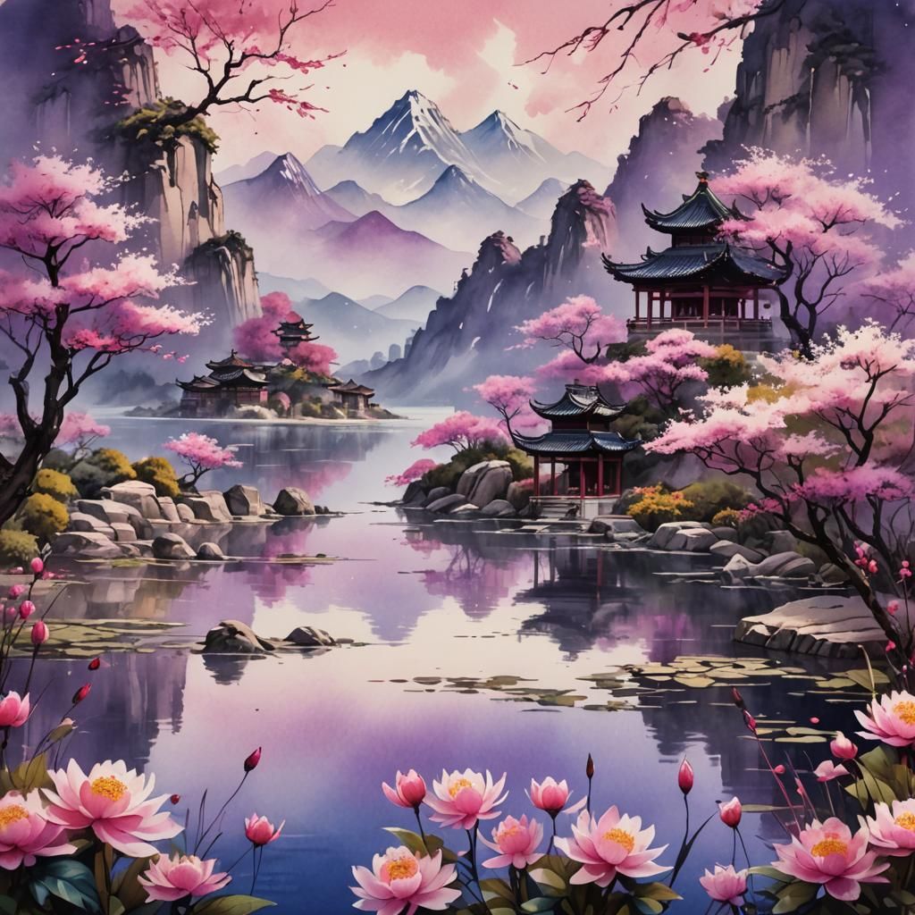 Chinese Flowers and Mountain Lake in Watercolor