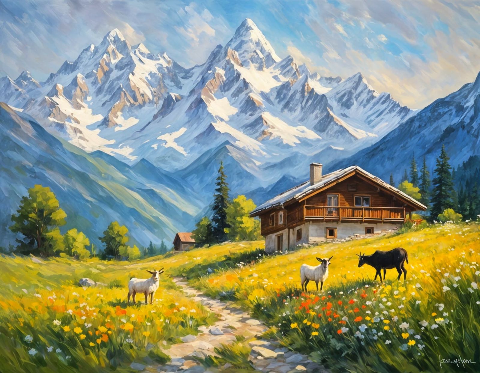 Impressionist Oil Painting of Swiss Alps and Cozy Chalet
