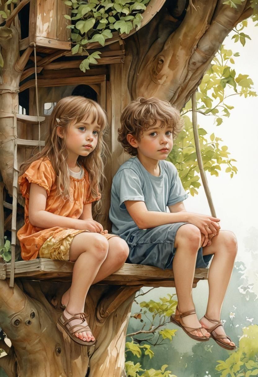 Kids in Treehouse: Detailed Watercolor Illustration
