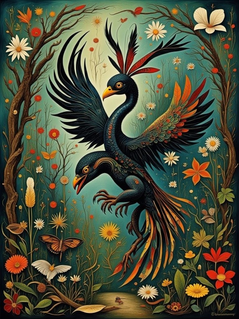 Cyberpunk Bird Hybrid Soars Over Forest