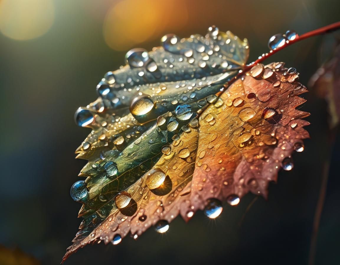 Macro Photograph of Autumn Leaf with Rainbow Dew